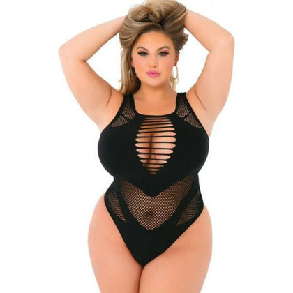 Black Label Low Blow Cut Out Bodysuit - Sensual Fishnet Lingerie for Women - Model BLB-101 - Plus Size Queen - D/DD Cups - Size 16-22