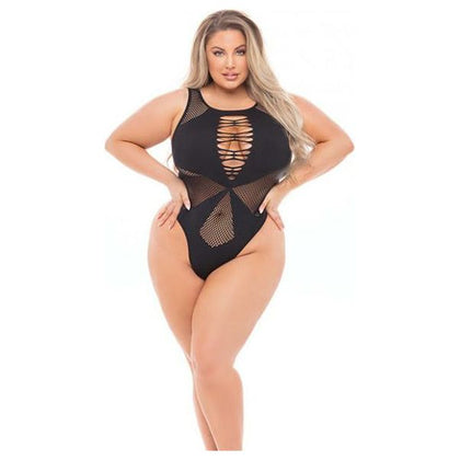 Pink Lipstick Highneck Bodysuit - Queen Size (Fits Up to 3X) - Black - Lingerie for Women - Model: QN-001 - Sensual and Seductive - Enhance Your Intimate Moments - Size: Bust 43