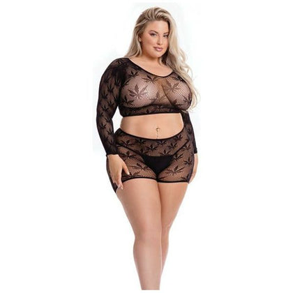 Pink Lipstick Leaf It To Me Long Sleeve Crop Top & Short Black Qn - Seductive Queen's Delight Lingerie Set LSCT-001 - Women's Intimate Pleasurewear - Size Qn (16-22) - Adult Naughty Store