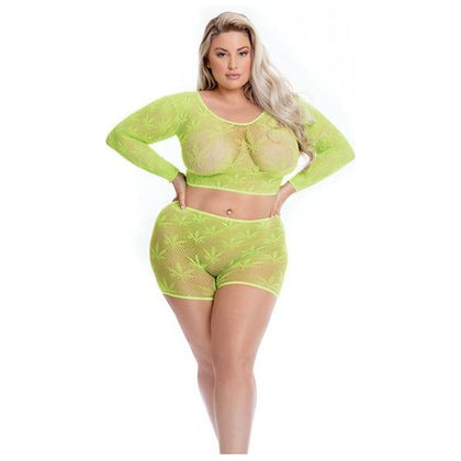 Pink Lipstick Leaf It To Me Long Sleeve Crop Top & Short Green Qn - Seductive Queen's Delight Lingerie Set, Model #PL-1234, Women's Intimate Apparel for Alluring Nights, Size Qn - Adult Naughty Store