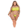 Pink Lipstick Dance With Me Fishnet Romper Set - Queen Size Lingerie - Model DWM-001 - Neon Yellow - Fits Up to 3X