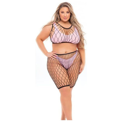 Pink Lipstick Brace for Impact Large Fishnet Top, Shorts, Bra & Thong (Fits up to 3X) Queen - Sensual Lingerie Set for Women - Model XYZ123 - Enhance Pleasure and Confidence - Size Queen (43- - Adult Naughty Store