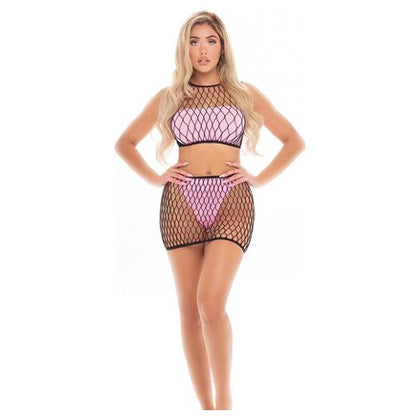 Pink Lipstick Crave You Large Fishnet Cami Top & Skirt, Bandeau Top & Panty - Women's Seductive Lingerie Set, Model: Crave You, Size: One Size - Adult Naughty Store