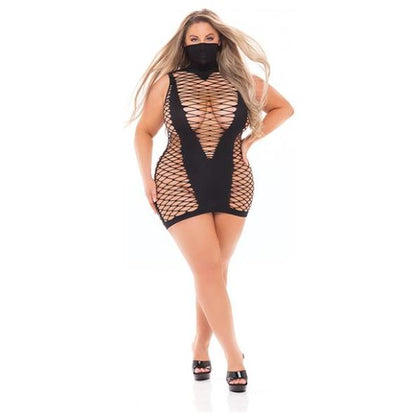 Pink Lipstick Masquerade Mask Dress - Queen Size Black Lingerie Gown (Model: QN-16-22) for Women - Sensual and Seductive Evening Wear - Adult Naughty Store