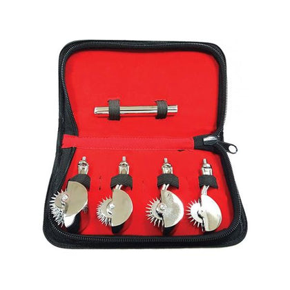 Rouge Stainless Steel 4 Pc Pinwheel Kit - Versatile Sensory Stimulation Set for All Genders - Pain/Pleasure Play, Teasing - Chrome Plated with Stainless Steel Pins - Soft Zipper Pouch Included