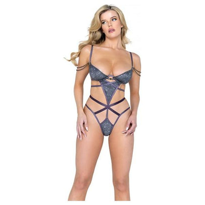 Charcoal Gray Glam Shimmer Teddy with Chain Detail - Model 1234 - Women's Intimate Lingerie - Sensual Allure - Size Small