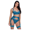 Studs & Kisses Balconette Cup W/underwire Bra, Garter Belt & Panty Teal Lg - Adult Naughty Store