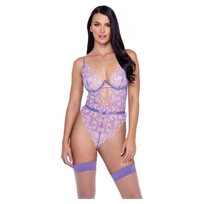 Butterfly Glow Embroidered Teddy Lavender/White LG - Sensual Lingerie for Women, Model #BGT-001, Glow-in-the-Dark Butterfly Illusion Tulle, Size Large
