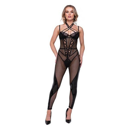 Introducing the Sensual Pleasure Co. Flirty Fetish Fishnet & Faux Leather Catsuit with Satin Trim - Model FF-100XL - Unleash Your Seductive Power in Black! - Adult Naughty Store