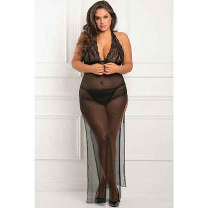 Rene Rofe All Out There 2 Piece Lace and Mesh Gown Set - Black, Plus Size 1X-2X, D/DD Cups