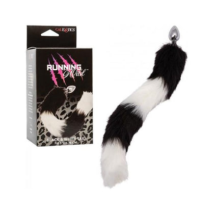 Introducing the exclusive Haute Pleasure Running Wild Black & White Tail Metallic Anal Probe RD500 for Unisex Anal Stimulation in Exotic Black & White