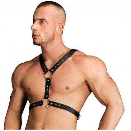 Introducing the Sensualle Thanos Chest Centerpiece Body Harness - Black O-S: A Captivating Bonded Leather and Metal Lingerie Accessory for Unforgettable Pleasure Experiences