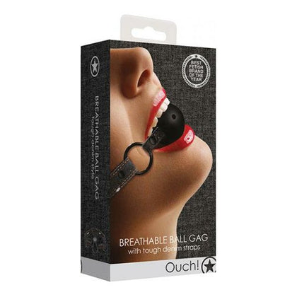 Shots OUCH! Breathable Ball Gag with Denim Straps - Black (Model: BG-101, Unisex, Mouth Restrainer, BDSM, Breathable, 4.3cm Diameter)
