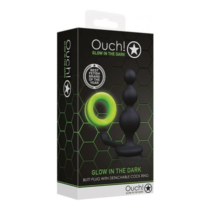 Ouch! Glow-In-The-Dark Beads Butt Plug with Cock Ring - Model GID-BCR1 - Unisex Anal and Genital Pleasure - Fluorescent Green - Adult Naughty Store