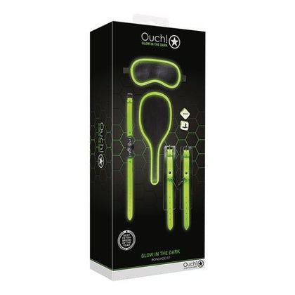 Ouch! Glow-In-The-Dark Bondage Kit #1 - Complete Pleasure Set for Couples - Wrist Cuffs, Breathable Ball Gag, Dice, Paddle, and Eye Mask - Fluorescent Green Glow - Unleash Your Kinky Side