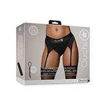 Ouch! Vibrating Strap-On Thong with Adjustable Garters - Model VST-001, Unisex, Dual Pleasure, Black M/L