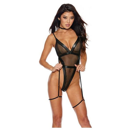 Shirley of Hollywood Mesh & Stretch Faux Leather Teddy with Garters - Black Md