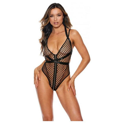 Black Mesh & Large Fishnet Zip Front Teddy - ShowTime by Shirley of Hollywood - Model: *Limited Edition* Medium - Women's Sensual Lingerie - Black