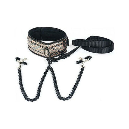 Spartacus Faux Leather Collar & Leash with Black Nipple Clamps Gold - BDSM Bondage Toy Set for Dominant Submissive Play, Model SL-500, Unisex, Neck and Nipple Stimulation, Black and Gold