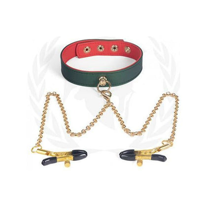 Spartacus PU Collar with Nipple Clamps - Green: The Ultimate Pleasure Experience for BDSM Enthusiasts