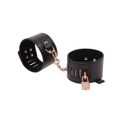 Introducing the Sex & Mischief Brat Locking Cuffs: Vegan Leather Rose Gold Locking Cuffs for Teasing Power Play - Model No. SMBC-001 - Unisex - Wrist Restraints - Black.
