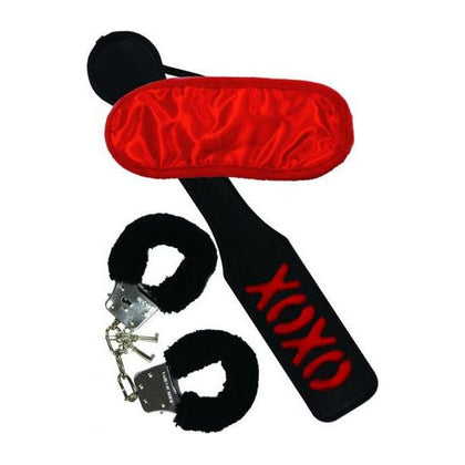 Sex and Mischief Sweet Punishment Kit - Furry Black Cuffs, Red Blindfold, and XOXO Paddle - Unleash Pleasure in Style
