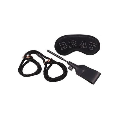 Introducing the Sex & Mischief Knotty Brat Kit - Bondage Kit with Rope Handcuffs and Crop SM-5003 for Submissive Women, Black and Rose Gold