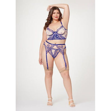 Introducing the Sensuelle Sheer Stretch Mesh W/floral Contrast Embroidery Bustier, Garter Belt & Thong Panty Set - Model SXM-1234 - Women's Intimate Lingerie - Blue/Nude - Size 1X/2X - Adult Naughty Store