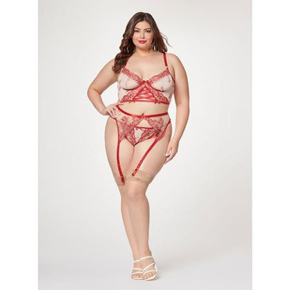 Introducing the Sensual Elegance Sheer Stretch Mesh W/floral Contrast Embroidery Bustier, Garter Belt & Thong Set - Model 1x/2x, for Women's Intimate Pleasure - Adult Naughty Store