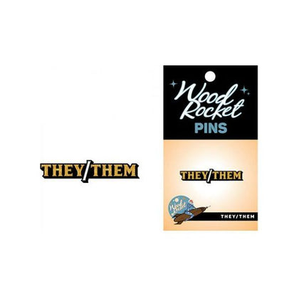 Wood Rocket They/Them Pronoun Enamel Pin - Black-Gold Glitter