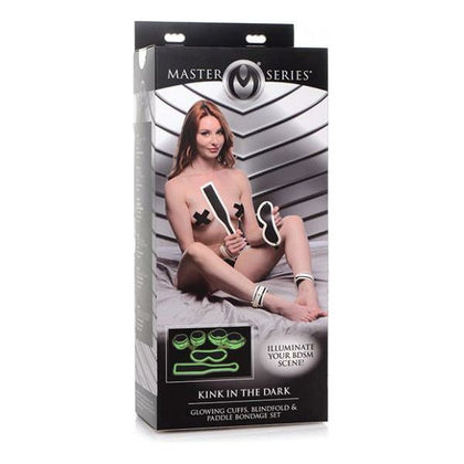 Master Series Kink In The Dark Glowing Cuffs & Blindfold & Paddle Set - Illuminating Pleasure Kit for Sensual Bondage Play - Model KDK-324 - Unisex - Wrist and Ankle Restraints, Blindfold, an - Adult Naughty Store