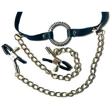 Fetish Fantasy O-Ring Gag With Nipple Clamps - Ultimate Pleasure Set for Couples - Model FPOG-NC1 - Unisex - Sensual Mouth Gag and Nipple Stimulation - Black