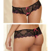 Rene Rofe Crotchless Lace Thong with Bows - Black, S-M, Women's Erotic Lingerie, Model: 12345