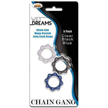 Chain Gang Super Stretch Silicone Cock Rings Assorted 3 Pack - Enhance Pleasure and Performance for Men - Black, Blue, and Clear Colors - Adult Naughty Store