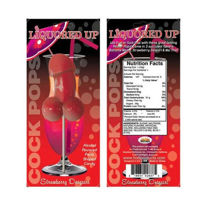Introducing the Sensual Pleasures Liquored Up Cock Pop - Strawberry Daiquiri Flavored Penis Candy on a Stick
