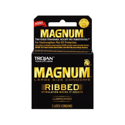 Trojan Magnum Ribbed Latex Condoms - PleasureMax 3 Pack - Large-Sized Ribbed Condoms for Men - Ultimate Pleasure and Safety - Black