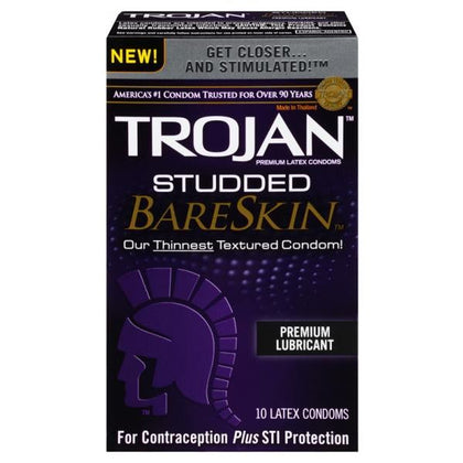 Trojan Studded Bareskin Condoms - Ultra-Thin Textured Pleasure Enhancers for Men - Model X10 - Intense Stimulation and Comfort - Pack of 10 - Adult Naughty Store