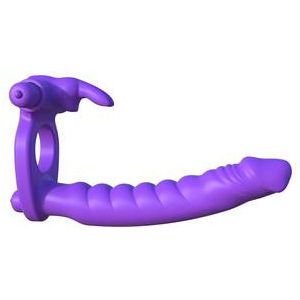 Fantasy C-Ringz Silicone Double Penetrator Rabbit - Dual Bullet Vibrating Cock Ring with Ribbed Dildo - Model DP-500 - Male and Female Pleasure - Purple - Adult Naughty Store