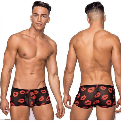 Male Power Kiss Me Mini Short Sheer Lips Large: Sensual Black Mesh Men's Lingerie - Model KMMSL-L - Lips Print - Large Size - Adult Naughty Store