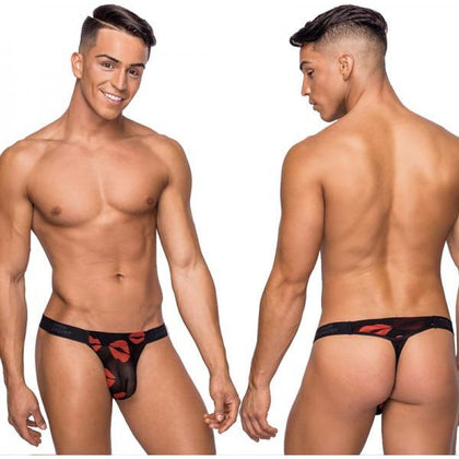 Male Power Kiss Me Micro Thong V Sheer Lips L-XL: Seductive Black Mesh Lips Print Men's Micro Thong for Intimate Delights - Size L/XL - Adult Naughty Store