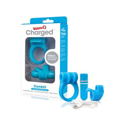 Screaming O Charged Combo Kit #1 - Blue: Powerful 10-Function Silicone Bullet Vibrator, Cockring, and Finger Sleeve Set for Couples - Waterproof, Rechargeable - Intense Pleasure for Him and Her