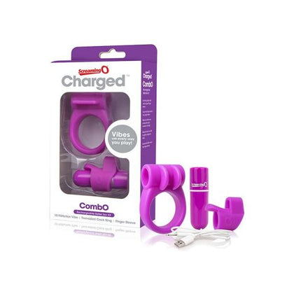 Screaming O Charged Combo Kit #1 - Purple: Rechargeable Silicone Bullet Vibrator, Cockring, and Finger Sleeve Set for Couples, Waterproof Pleasure Kit