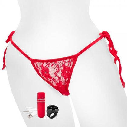 Introducing the Secret Pleasures Charged Remote Control Panty Vibe Set - Model RSV-100X: Rechargeable Vibrating Lace Panties with Remote Control Ring - Red, One Size (Up to 60 inches Waist)