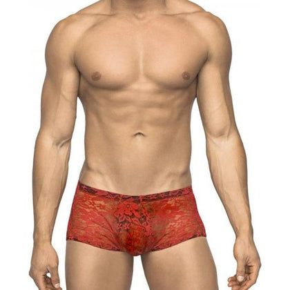 Male Power Stretch Lace Mini Short Red Small - Sensual Elegance for Intimate Moments
