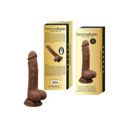 Femmefunn Turbo Baller 2.0 Realistic Silicone Dildo Vibrator with Balls - Dual Motor, 8 Vibration Modes, Rechargeable, Waterproof Remote Control - Turbo Button, Vortex Motion - Suction Cup Base - Brown