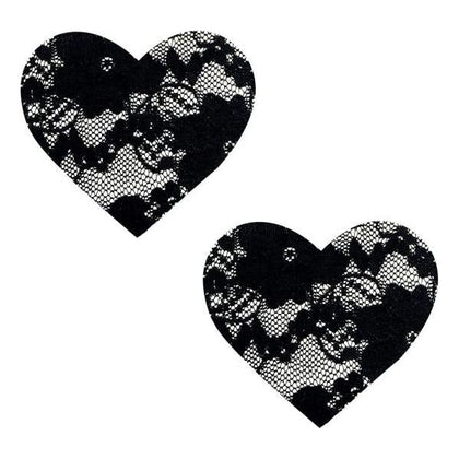 Neva Nude Pasty Heart Lace Black - Handmade Hypoallergenic Nipple Covers, Self-Adhering, 10-12 Hours Lasting, 2.75 in. by 2.5 in.