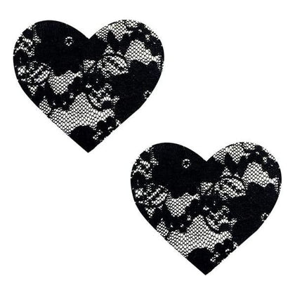 Neva Nude Pasty Heart Lace Black - Handmade Hypoallergenic Nipple Covers, Self-Adhering, 10-12 Hours Lasting, 2.75 in. by 2.5 in. - Adult Naughty Store