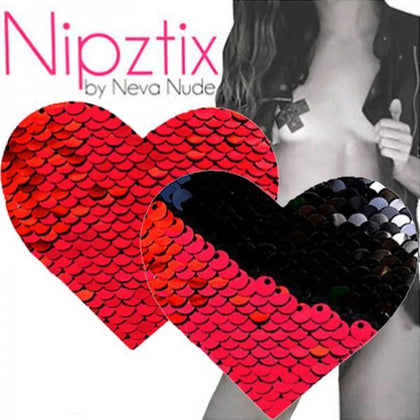 Neva Nude Heart Sequins Red To Black Pasty - Hypoallergenic Handmade Nipple Covers - Latex-Free Medical Grade Adhesive - Self-Adhering - 10-12 Hour Lasting - 2.75 in. by 2.5 in. - Women's Intimate Lingerie - Model: VDAY2020-18/VDAY2020-24