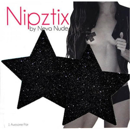 Neva Nude Pasty Star Glitter Black - Hypoallergenic, Latex-Free Medical Grade Adhesive Nipple Covers - Self-Adhering, Long-Lasting - 10-12 Hour Wear - 3.25 in. x 3.25 in. - Women's Intimate Accessories for Sensual Pleasure