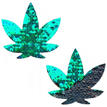 Neva Nude Pot Leaf Sequin Green To Black Nipple Covers - Hypoallergenic, Latex-Free, Medical Grade Adhesive - Self-Adhering, Long-Lasting - 3.25